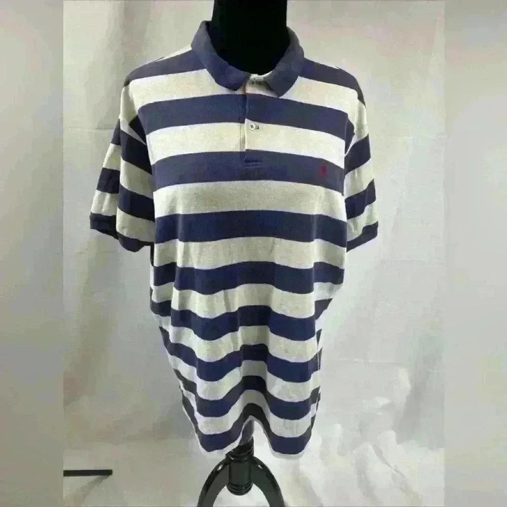 Vintage Polo Ralph Lauren Shirt Men's XL White And Blue Striped Red Pony
